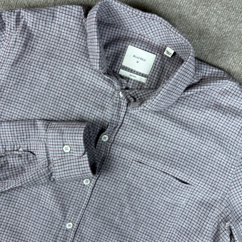 Billy Reid Standard Button Up Shirt Mens M Gray Burgundy Check Made in Italy